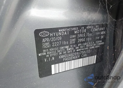 2009 Hyundai Elantra Gls from USA, damaged, VIN KMHDU46D99U758055